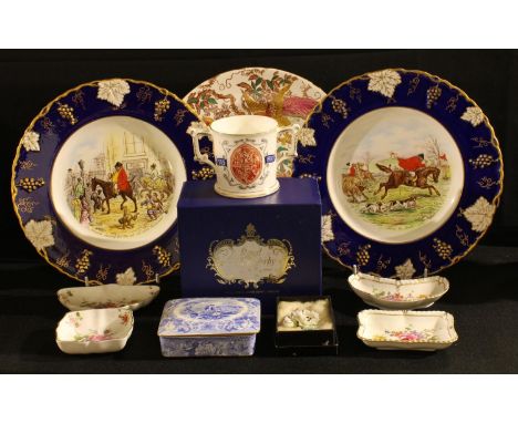 A pair of Royal Crown Derby Handley Cross Mr Jorrocks's Hunt plates; a Queens Elizabeth's Grammer School commemorative loving