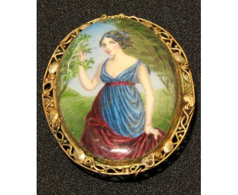 An early 20th century Arts and Crafts 9ct gold mounted enamel brooch, painted with a lady, signed to verso D. Price 1917, mar