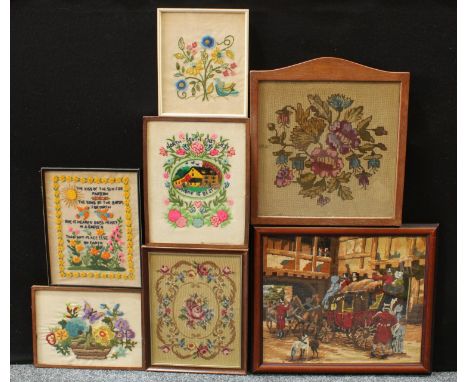 Needlework and tapestry panels, floral subjects, etc, all framed (7) 