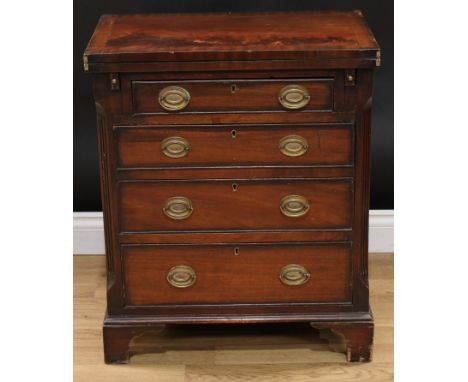 A George III style bachelor's writing chest, folding crossbanded rectangular top enclosing a baize surface, above four gradua