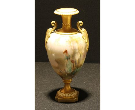 A Royal Worcester ovoid pedestal vase, painted by Walter Sedgley, signed, with a lady in a country meadow, dart-and-egg rim, 