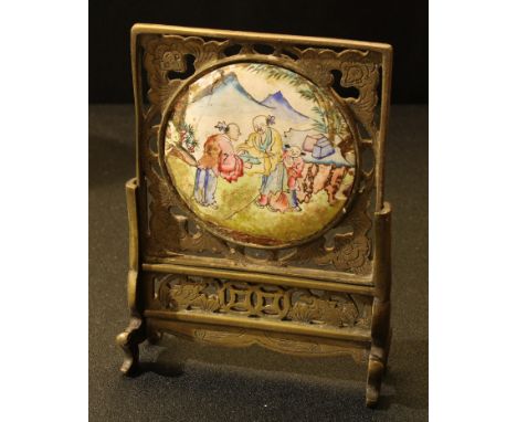 A Chinese Canton enamel mounted table screen, 15cm high 