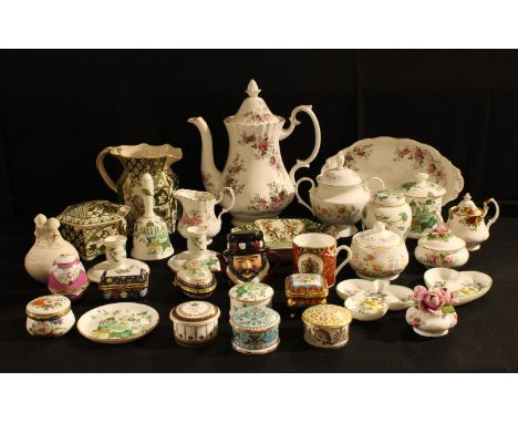 Ceramics - a Royal Albert Lavender Rose pattern coffee pot; similar trinket pots; Crown Staffordshire Kowloon pattern candles