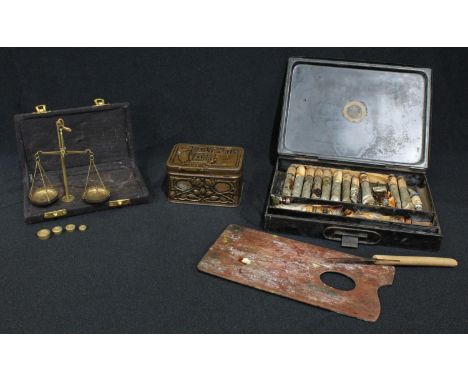 Boxes and Objects - a Victorian Reeves paint box; a cased set of scales; a Daily Mail tinplate copper bank 
