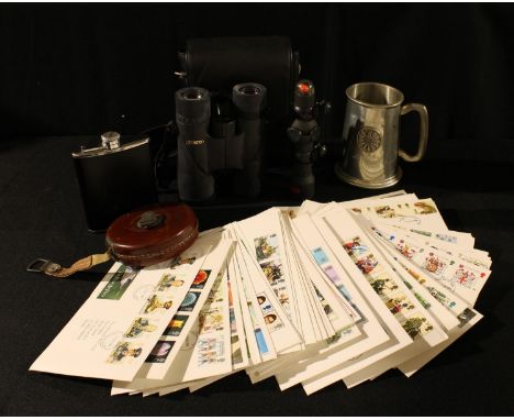 A pair of Opticron Field binoculars,8 x 42, cased;  a Chesterman tape measure;  a hip flask;  Post Office First Day Cover 198