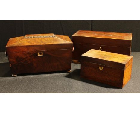 A 19th century flame mahogany sarcophagus tea caddy; others, rectangular (3) 