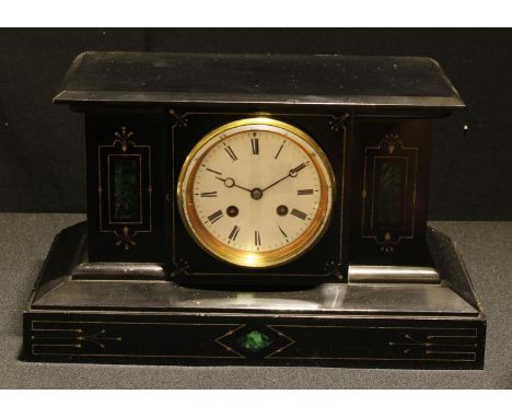 A Victorian slate mantel clock, the white enamelled dial with Roman numerals, twin winding holes, eight day movement, strikin