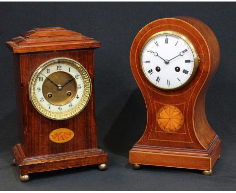 An early 20th century mahogany and parquetry dome-top mantel clock, 10cm circular dial with Roman numerals, Japy Freres movem