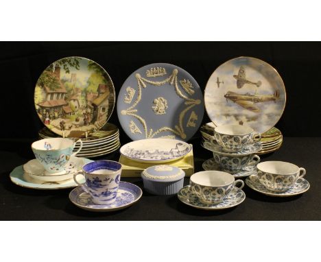 A Wedgwood Jasperware plate, trinket pot and cover; Coalport collector's plates, The Tale of a Country Village; a Royal Alber