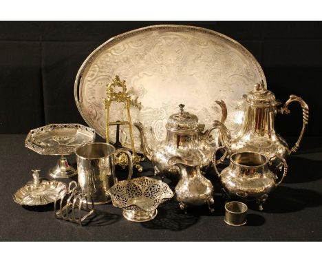 Plated Ware - an EPNS gallery tray, die stamped field, claw feet, an EPBM four piece tea service;  sweetmeat stands;  etc 