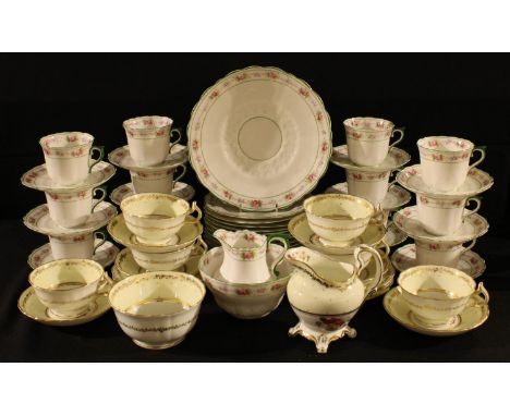 An Edwardian floral banded tea service for twelve comprising cake plate, side plates, cream jug, sugar bowl, cups and saucers