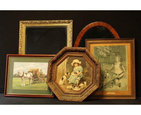 A mid 20th century mahogany oval mirror, bead and reel border, 82cm x 57cm; a gilt framed rectangular mirror, bevelled plate,