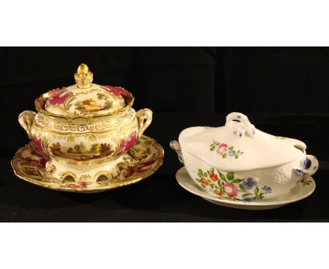 An early 19th century English Rococo Revival porcelain sucrier, cover, and stand, previously attributed to Rockingham, painte