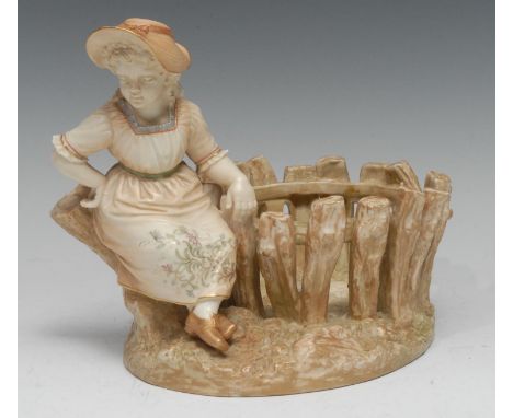 A Royal Worcester figural basket, modelled by James Hadley, signed in the maquette, of a country girl seated on a tree trunk,