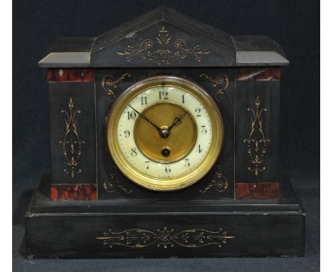 A Victorian black slate noir belge mantel clock, 24cm high, 28cm wide 