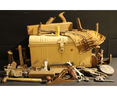 Tools - a tin trunk containing tools including planes, shoe lasts, sharpening stones, etc 