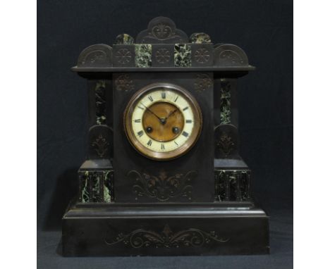 A Victorian black slate noir belge mantel clock, 37cm high, 32cm wide 