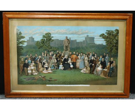 A late 19th century lithograph, The Royal Family of Great Britain, maple frame, glazed, 73cm x 107cm overall 