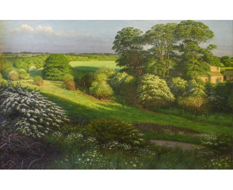Raymond Booth (1929-2015) “Evening Landscape Late May” (1974) Signed and dated 1974, oil on board, 78.5cm by 121.5cm  Exhibit