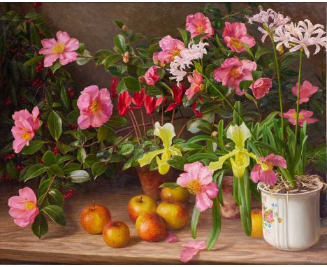 Raymond Booth (1929-2015) “Camellia, Cyclamen and other Flowers” (1993) Signed and dated 1993, oil on board, 50.5cm by 63cm  