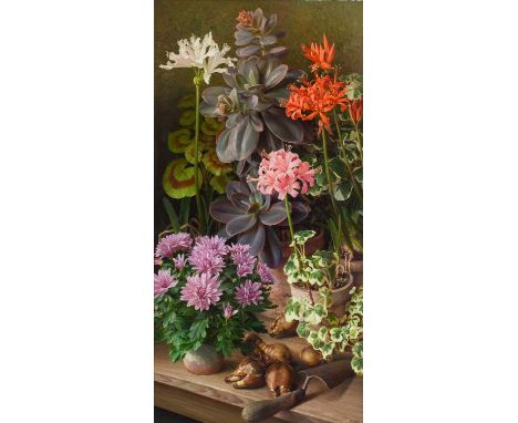 Raymond Booth (1929-2015) “October Flowers” (1987) Signed and dated 1987, oil on board, 73.5cm by 37.5cm  Exhibited: "Raymond