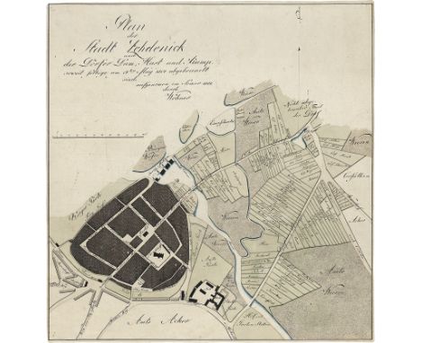 Zehdenick. Plan der Stadt Zehdenick und der Dörfer Dam, Hast und Kamp soweit selbige am 72ten May 1801 abgebrandt sind, aufge
