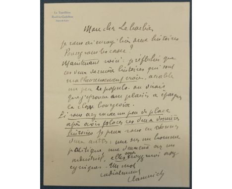 Vlaminck, Maurice de, franz. Maler, Graphiker und Autor, Mitglied der "Fauves" (1876-1958). Eigh. Brief m. U. "Vlaminck". 1 S