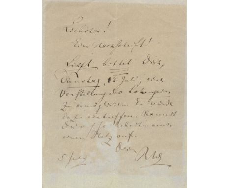 Wagner, Richard, Komponist, Dirigent und Schriftsteller (1813-1883). Eigh. Brief m. U. "RW". 1 S. Doppelblatt. 14,2 x 10,7 cm