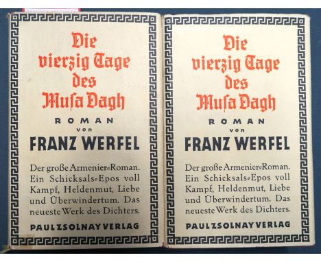 Werfel, Franz. Die vierzig Tage des Musa Dagh. 2 Bände. 556 S., 2 Bl.; 583 S. 20 x 12,5 cm. Rote OLeinenbände mit RVergoldung