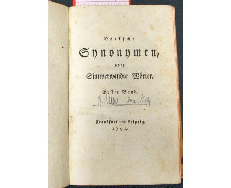 Deutsche Synonymen, oder sinnverwandte Wörter. 2 Teile in 1 Band. 270 S.; 200 S. 15 x 9,5 cm. Halbleder d. Z. (etwas stärker 