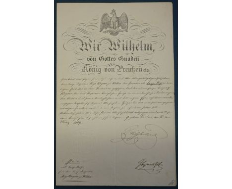 Wilhelm I., Deutscher Kaiser, König von Preußen (1798-1888). Urkunde m. U. "Wilhelm" (hier noch als König von Preußen), gesto