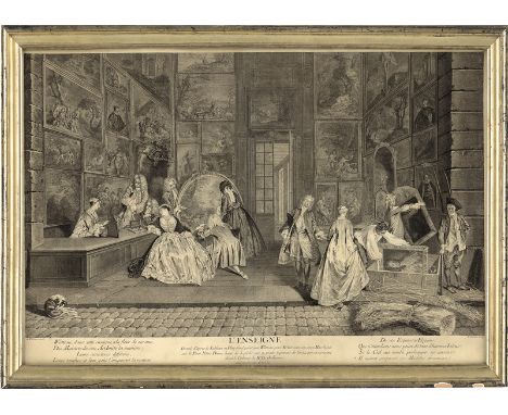 Watteau, Antoine. L'enseigne. Gravée d'après le Tableau en Plat-fond peint par Watteau pour Mr. Gersain son amy Marchand sur 