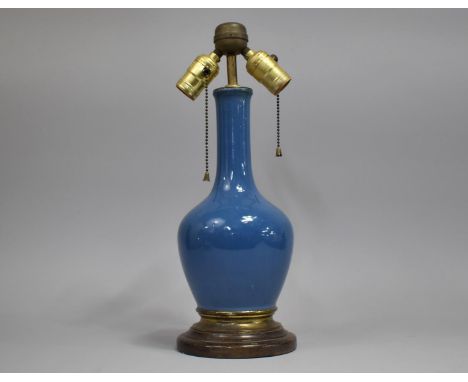 A 19th Century Chinese Monochrome Vase of Bottle form, Blue Glaze, Now Converted to Table Lamp, vase 28cm high, overall Heigh