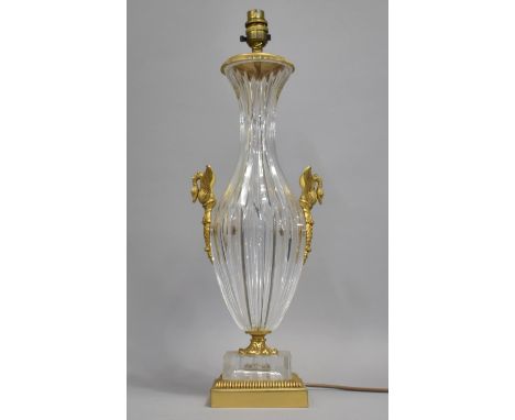 A Cut Glass and Gilt Metal Mounted Table Lamp with twin swan handles, stepped base, 45cm high 