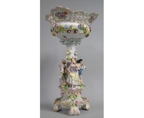 A Large Potschappel Porcelain Table Centre, The Floral Encrusted Bowl with Pierced and Hand Painted Decoration Supported on T