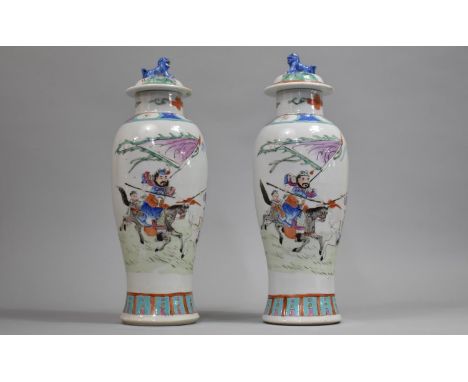 A Pair of Chinese Republic Lidded Vases decorated in the Famille Rose Palette with Battle Scene, 34cms High, Red Seal Mark to