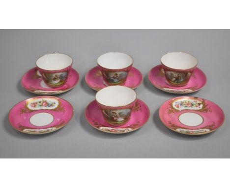 A Set of Four 18th Century Sevres Tea Cups on Pink Ground with Hand Painted Cartouches Depicting Maidens at Rest in Garden wi