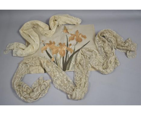 A Chinese Silk Embroidery Panel, together with Two Early Bobbin Lace Panels, Jones Estate Provenance, 46x52cms