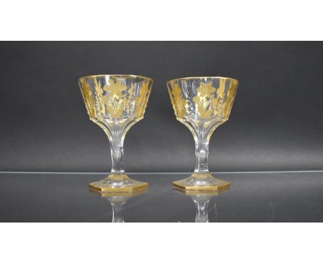 Two 19th Century Glasses with Hexagonal Bowl Running to Hollow Stem, Faceted and Flower Decoration with Gilt Enamel Set on Co