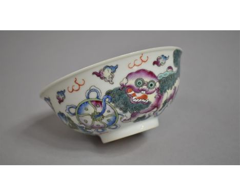 A Chinese Republic Porcelain Bowl Decorated with Temple Lions Amongst Scrolled and Clouded Sky, Red Seal Mark to Base, 14cm d