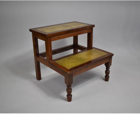 A Late 19th Century Mahogany Library Step or Bed Step with Green Tooled Leather Treads and Raised on Short Turned Legs, 40cm 
