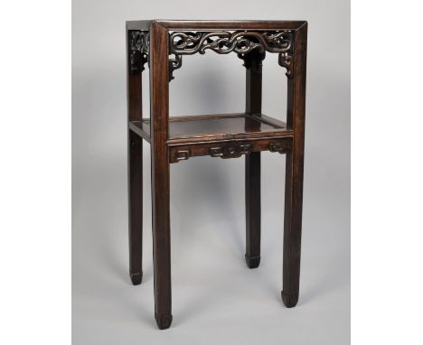 A Chinese Hardwood Vase Stand with Shelf, The Square Top Panel Top above Pierced Frieze, Raised on Square Legs 