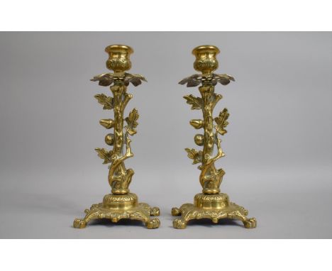 A Pair of Late 19th Century Cast Brass Candlesticks in the form of Oak Trees, the Supports of Trunk Design with Acorns and Le