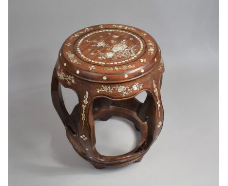 A 19th Century Chinese Hardwood and Mother Pearl Inlaid Seat of Barrel form, 45cm high 