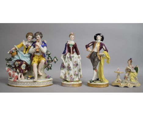 A Pair of Continental Porcelain Figures, Dandy and Companion with Painted blue 'R' mark to Base, a Sitzendorf Figure Group of