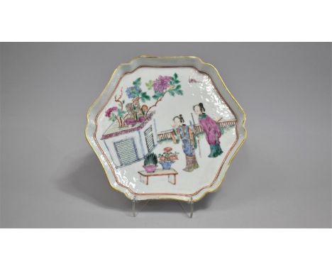 A 19th Century Chinese Porcelain Galleried Tray of Hexagonal Shaped Form, Decorated in the Famille Rose Palette with ladies i