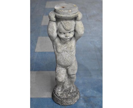 A Reconstituted Stone Garden Pedestal for Bird Bath in the Form of a Cherub. 67cms High