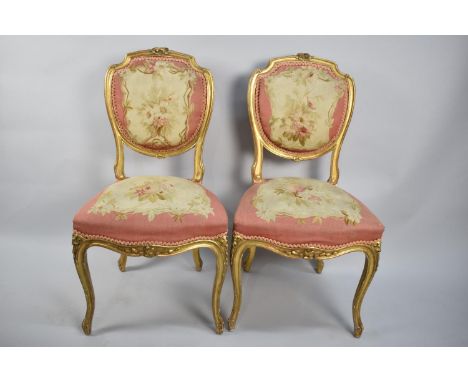 A Pair of Late 19th Century French Gilt Framed Salon Side Chairs with Tapestry Upholstery