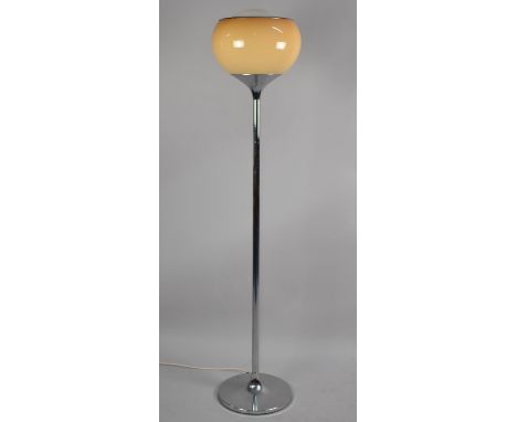 An Italian Tall Uplighter 'Bud Grande' designed by Harvey Guzzini, circa 1968, chrome tulip base with acrylic peach globe sha