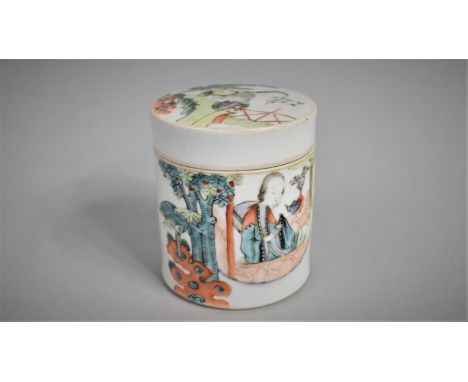 A Chinese Porcelain Cylindrical Pot and Cover Decorated  in the Famille Verte Palette with view of Lady in Interior from Exte